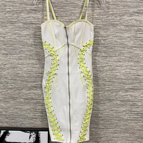🔥🔥Gold Label Wow Couture Mini Bodycon Dress Neon Yellow Lace-Up Details Size M - Picture 1 of 14